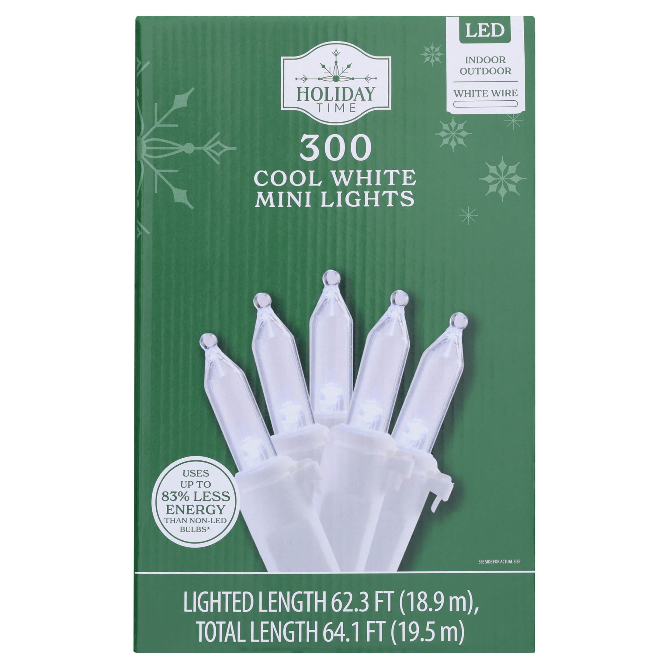 Indoor/Outdoor 300-Count LED Mini Christmas String Lights, Cool White, Green Wire, 62.3', by Holiday Time