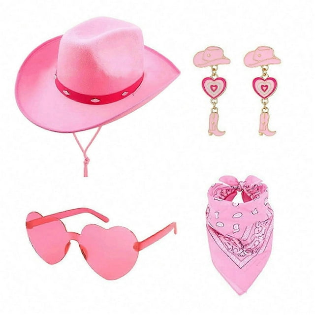 Carnivals Adult Cowboy Hat with Heart Sunglasses+Cashew Kerchief+Earring Bridal Western Fedoras Hat Photography Tools Pink Studded Cowboy