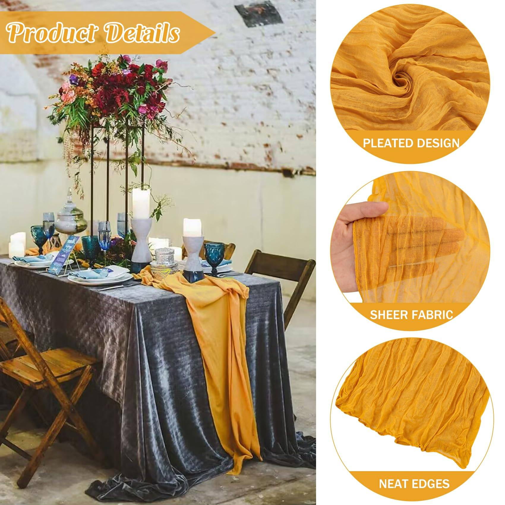 iMucci 6 Pack 10FT Cheesecloth Table Runner Mustard Gauze Fabric Tablecloth Rustic Sheer Table Runner for Wedding Birthday Baby Shower Party Boho Table Decoration