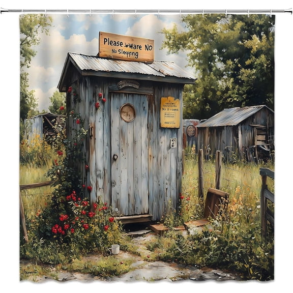 Outhouse Shower Curtain Rustic Farmhouse Vintage Primitive Wooden Outhouse Grassland Green Nature Bathroom Curtain Set with Hooks-72"W x 78"L (Pack of 1)