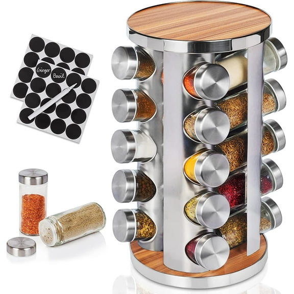 Baker Boutique Wood Grain Rotating Spice Rack With 20 Seasoning Jars