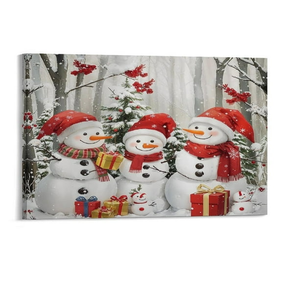 hristmas Snowman Winter Pine Tree Snowy Forest Canvas Prints Wall Art，Winter Scene Decor Wooden Framed for Living Room Bedroom Office 12×8 inch