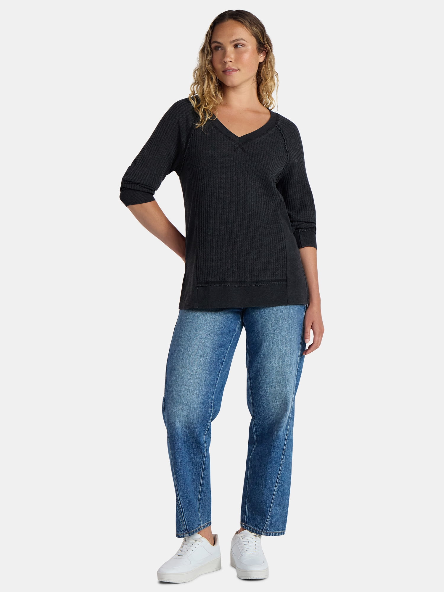 Time and Tru Women's and Women's Plus V Neck Tunic Sweatshirt with Long Sleeves, Sizes XS-4X