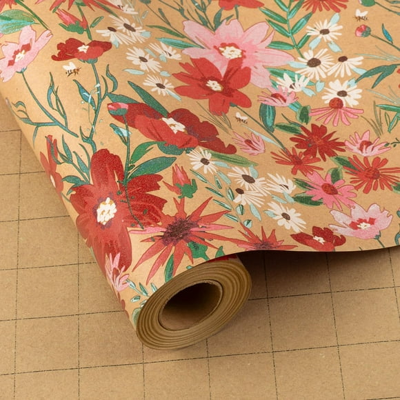 Papel de regalo Burymento Kraft con flores de margarita 43 cm x 10 m