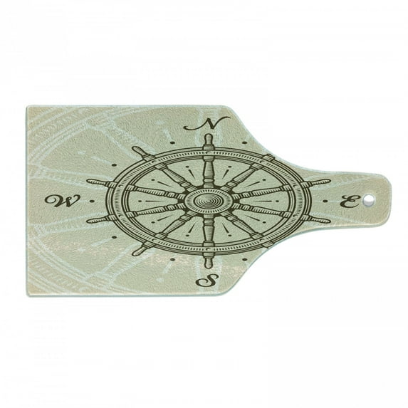 Ships Wheel Cutting Board, Retro Ship Wheel Antique Sailboat Navigation Tool Monochromic Nostalgic Print, Tempered Glass Cutting and Serving Board, Wine Bottle Shape, Beige Brown, by Ambesonne