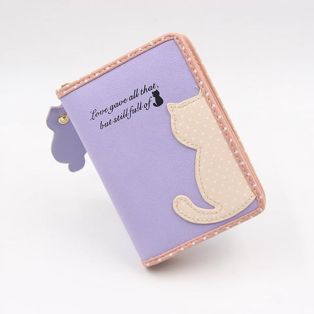 Cartera de mujer estilo coreano con cremallera de medio lado y diseño de gato de dibujos animados, cartera pequeña plegable para estudiantes, monedero de mano para mujer