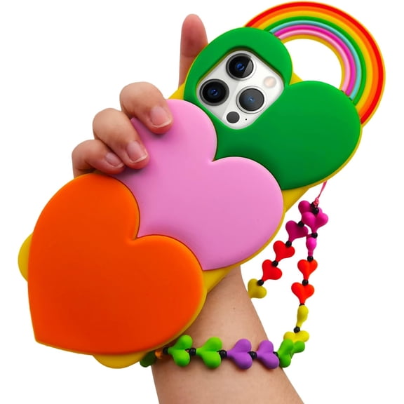 Compatible with iPhone 13 Pro Max Rubber Case 3D Love Heart Rainbow Cute Hand Wrist Strap Chain Bracelet Soft TPU Shockproof Special Protective Cover for Women Girls