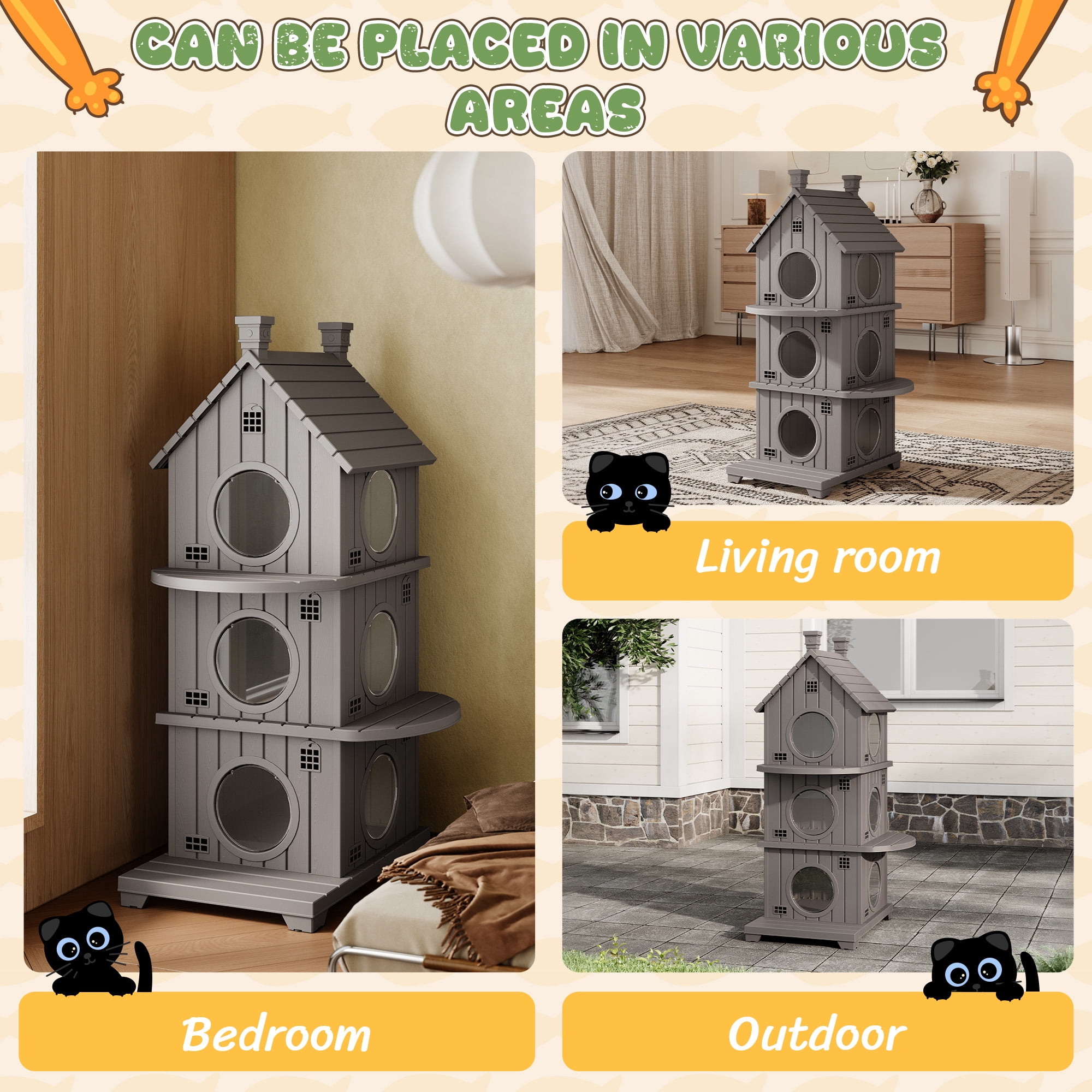 Bifanuo Outdoor Cat House,Weatherproof Resin Cat House,Multi-Layer,Villa-Style Outdoor Cat Shelter,Assemble Easily for Home & Yard,Gray