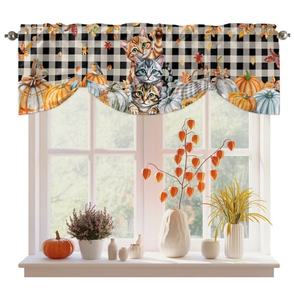 Thanksgiving Cat Tie Up Valances Curtain, Adjustable Kitchen Fall Pumpkins Leaves Plaid Texture Valances for Windows Decor, Rod Pocket Short Curtains Set for Bedroom Bathroom, 54"x18"