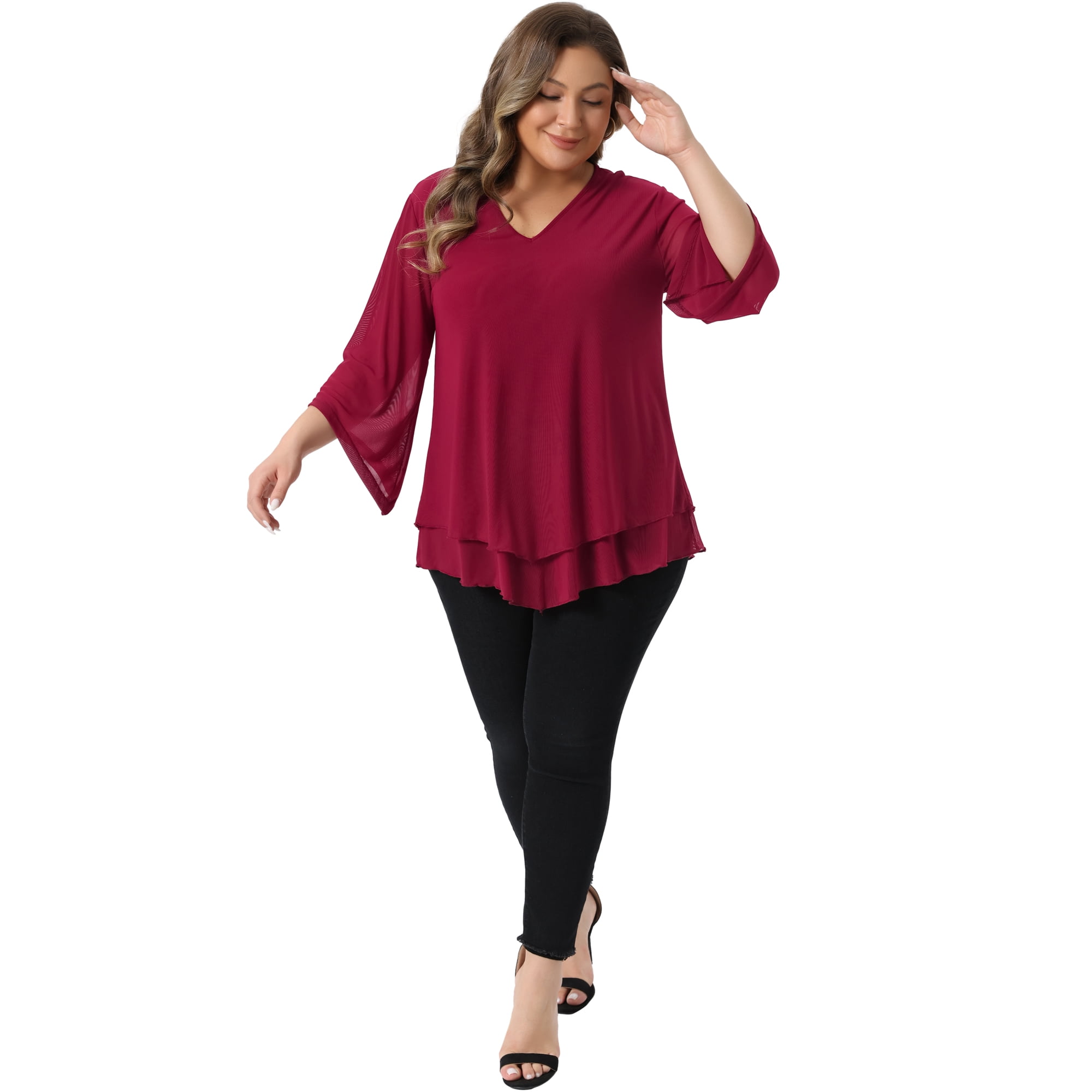 Women's Plus Shirt 3/4 Sleeve Scoop Neck Double Layers Blouse Top 2X Burgundy