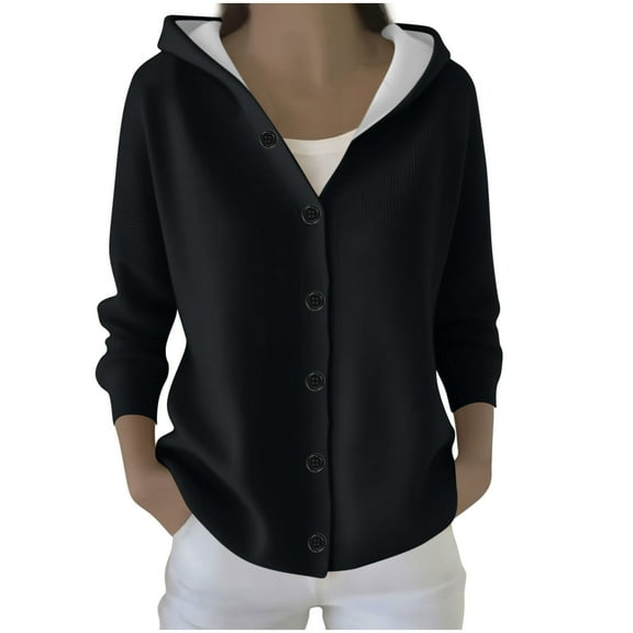 Cardigan Sweater for Women Long Sleeve Hooded Button Down Solid Knit Coat Black 2XL