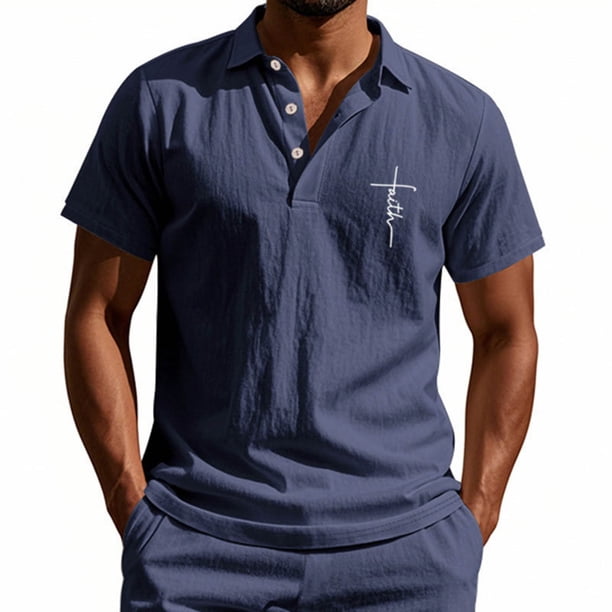 Blusa y camisa de manga corta con cuello vuelto para hombre, color liso, moda de verano, estampado informal, manga corta, botones, cuello vuelto, bolsillo, camisa de poliéster para hombre