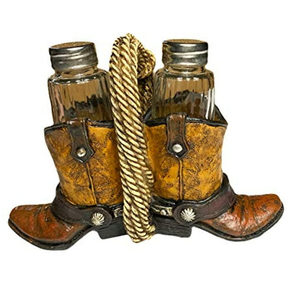 Urbalabs Cowboy Boots and Rope Ceramic Western Salt and Pepper Shaker Caddy