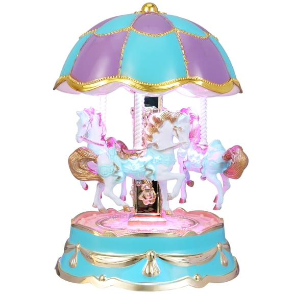 Music Box Carousel,3-Horse Color Lights Musical Snow Globe for Christmas Birthday Presents Gifts (Blue)
