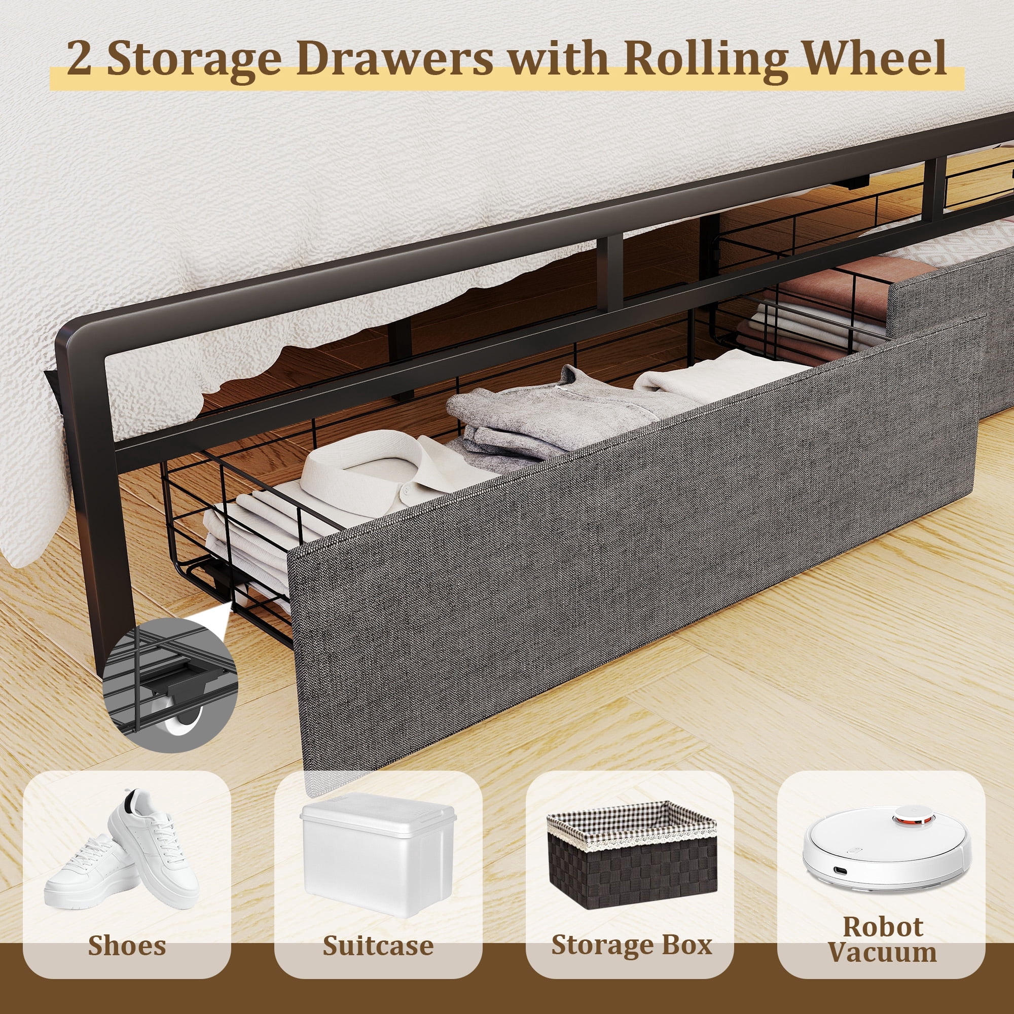 Furnibear LED Queen Bed Frame with Upholstered Storage Headboard and Drawers, LED Platform Bed with Charging Station, No Box Spring Needed