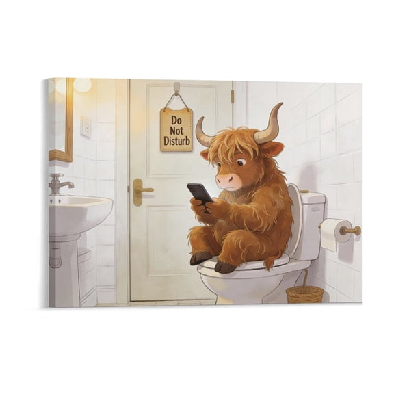 Funny Highland Cow Bathroom Wall Art – Cute Cow Sitting on Toilet Scrolling Phone Do Not Disturb Canvas Print, Rustic Farmhouse Bathroom Decor, Solid Wood Framed Cow Pictures Wall Decor Ready to Hang