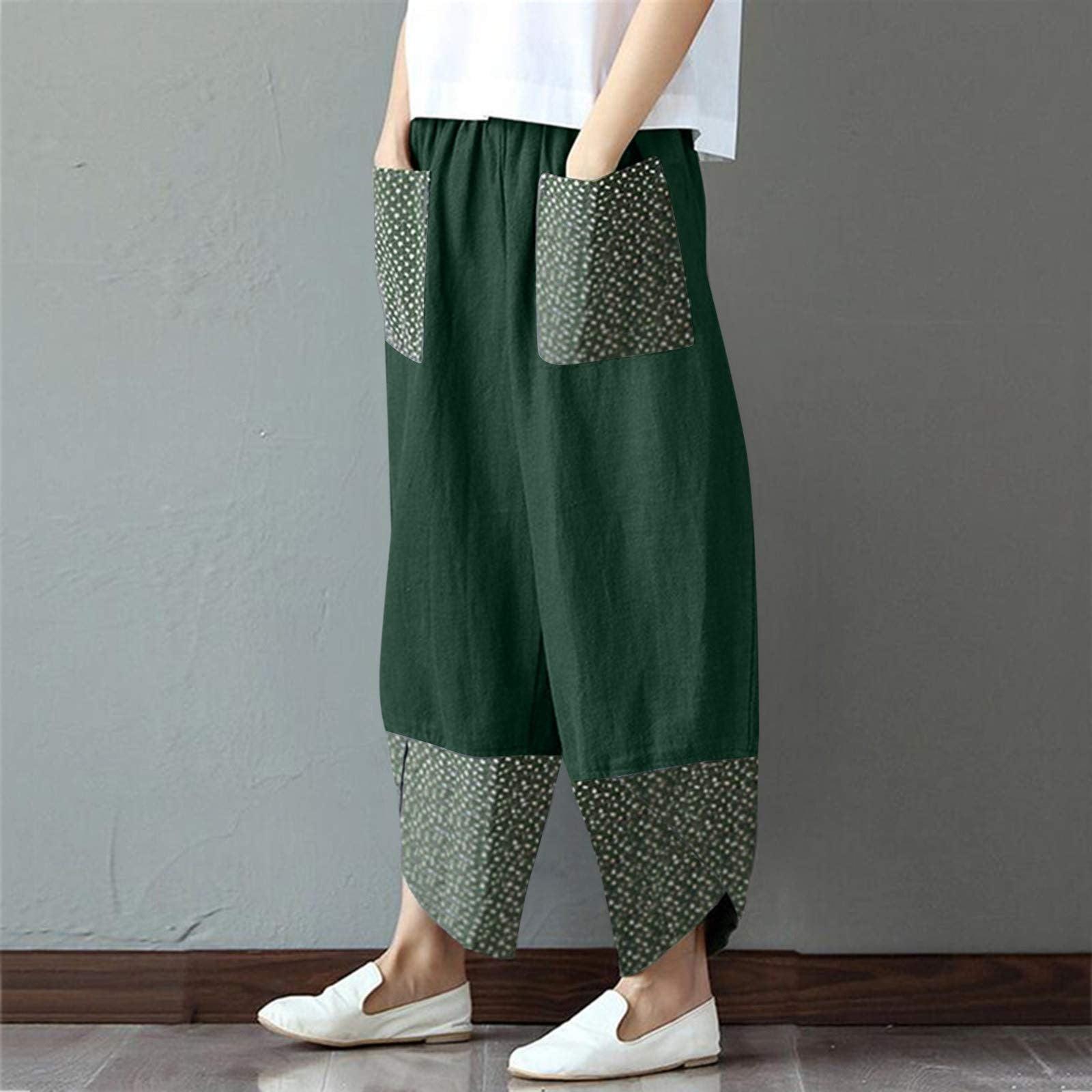 Umitay Fashion Womens Loose Print Solid Color Polka Dot Print Splicing  Cotton Linen Pocket Wide Leg Pants cargo pants women