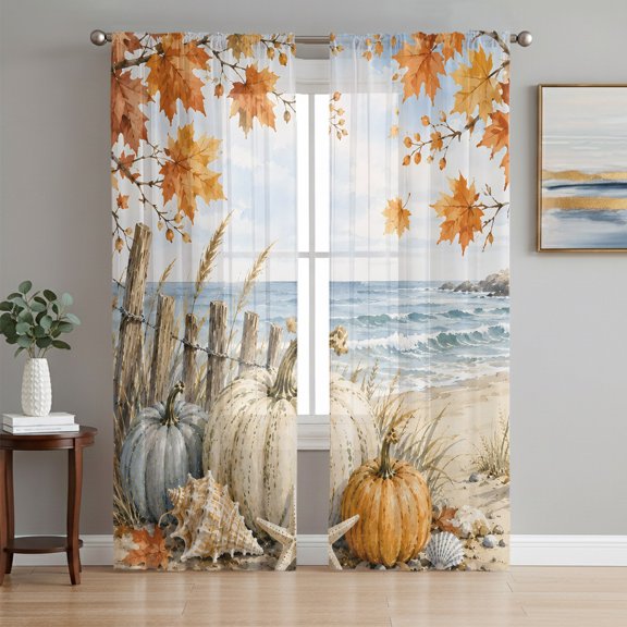 Fall Coastal Pumpkins Sheer Curtains 96 Inch Length 2 Panels Set, Ocean Nautical Waves Maple Leaves Voile Window Treatment Semi Sheer Long Curtains Drapes for Bedroom/Living Room/Kitchen 52"x96"x2