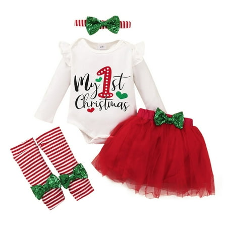

LOVEBAY Baby Girls Christmas Skirt Set Baby Girl My 1st Christmas Romper + Tutu Skirt + Leg Warmers + Headband 4Pcs Outfits
