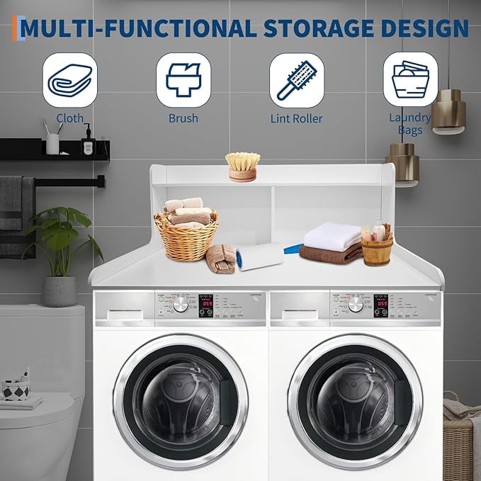 2 Tier Washer Dryer Countertop with Shelf, 54x27.5 Inch Waterproof Wood Laundry Room Topper, Large Washer and Dryer Topper with Storage for Laundry Organization, White