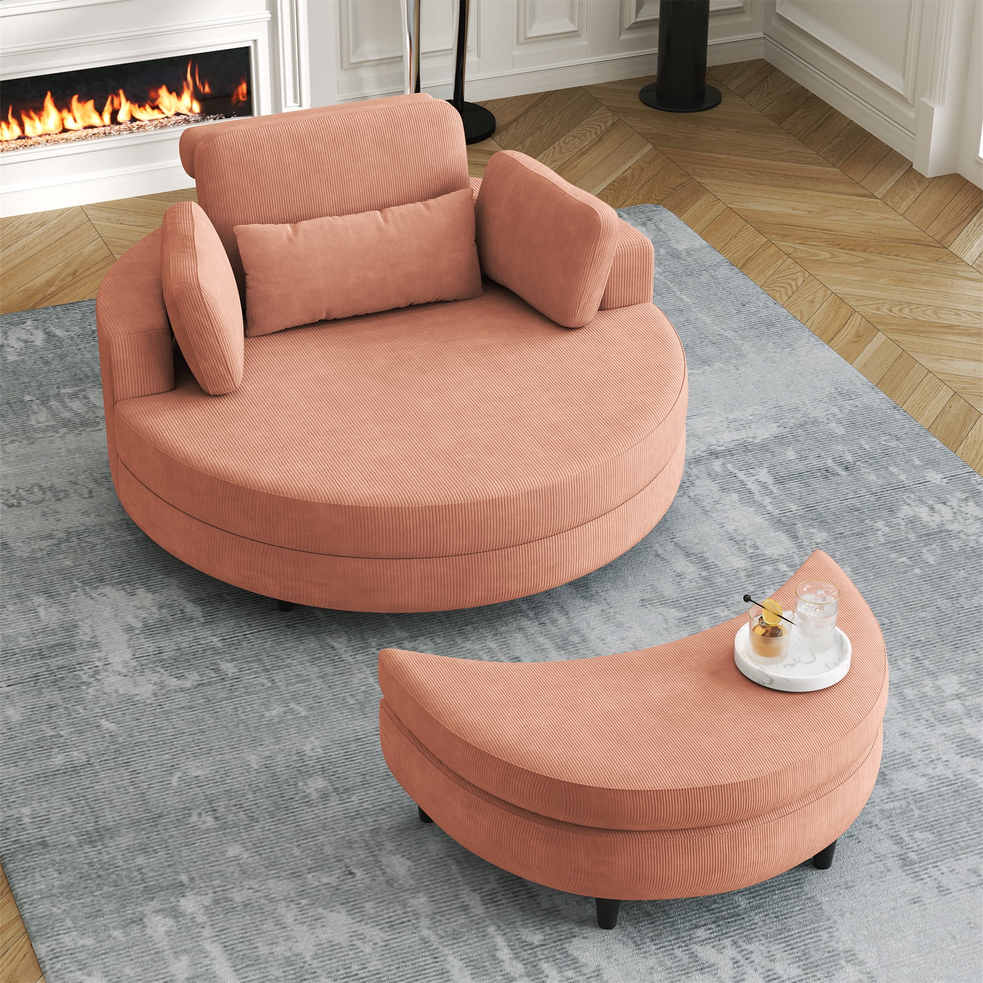 Aukfa 51" Oversized Accent Chair with Ottoman Set, Living Room Barrel Chair Corduroy Chaise, Orange
