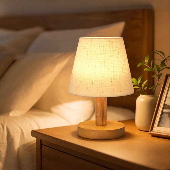 White Small Bedside Table Lamp 7.87 Inch, Eye Protection Warm Light Desk Lamp With Adjustable Brightness, Retro Vintage Fabric Shade Lamp for Bedroom Living Room Study Home Decor