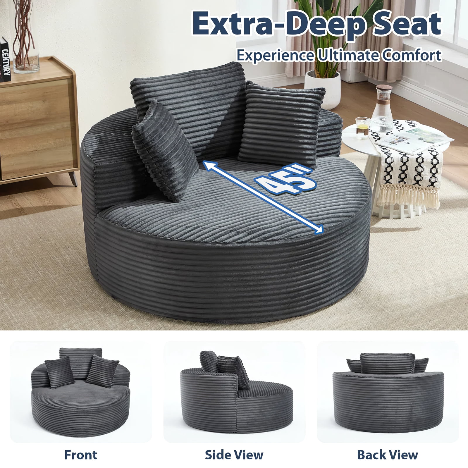 Aukfa Oversized Round Chaise Longue Chair Indoor, 56-inch Upholstered Corduroy Deep Seat Circle Cloud Sofa Chair, Dark Gray
