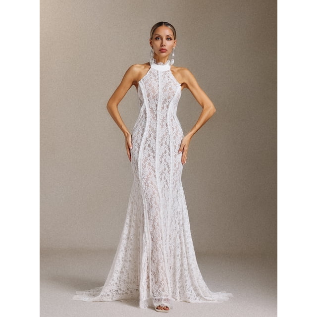 Vestido de novia bellabarnetten Sloan Lace con cuello halter
