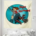 thumbnail image 1 of Halloween Tapestry, Pop Art Illustration of Witch Lady on Broomstick Holding Man's Hand, Fabric Wall Hanging Decor for Bedroom Living Room Dorm, 5 Sizes, Cream Sea Blue Dark Pink, by Ambesonne, 1 of 1
