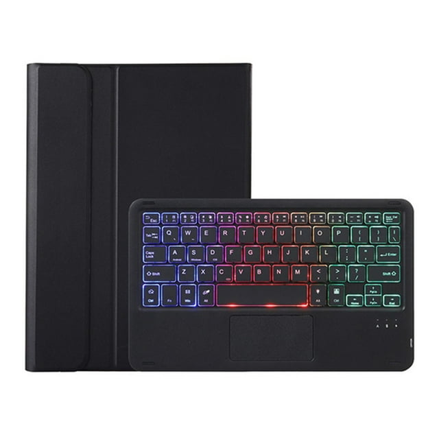 Case for Lenovo Tab M10 FHD Plus 10.3'' tablet with wireless keyboard, model TB-X606F TB-X606X. Features a magnetic touchpad, backlit keyboard with multicolour lighting, and a solid black leather cover. Designed for shockproof, drop resistance, and anti-dust protection. Compatible with Lenovo tablets, measuring 10.3 inches in length and width. Includes an English keyboard layout and casual style.