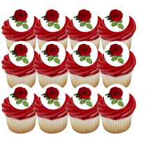 12 - 2 inch Red Roes with Leaves Cookie Cupcake Edible Frosting Photos Decoration Toppers