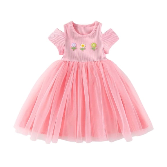 Toddler Dresses For Girls Short Sleeve Floral Holiday Party Mesh Dance Party Princesses Girls Formal Dress Size 2-3T