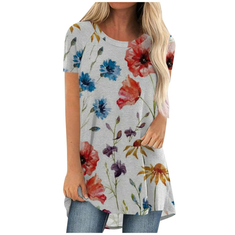 Women's Casual Loose Flowy Flare Hem Top for Leggings Lady Work Blouses  Dressy Summer Tops Woman Tunic Flower Graphic Pattern Tees Vintage Short  Sleeve Western Shirts Crewneck T Shirt Red S 