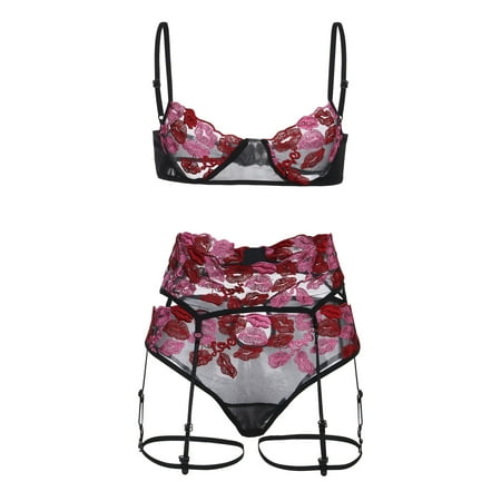 

Rovga Underwear For Women Bra Embroidery Thong Sleepwear Underwear Lingerie Flower Lace Kawaii Lingerie