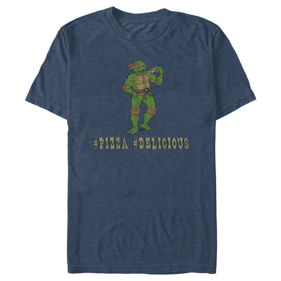 Men's Teenage Mutant Ninja Turtles Distressed Hashtag Pizza Hashtag Delicious  Graphic Tee Navy Blue Heather Small
