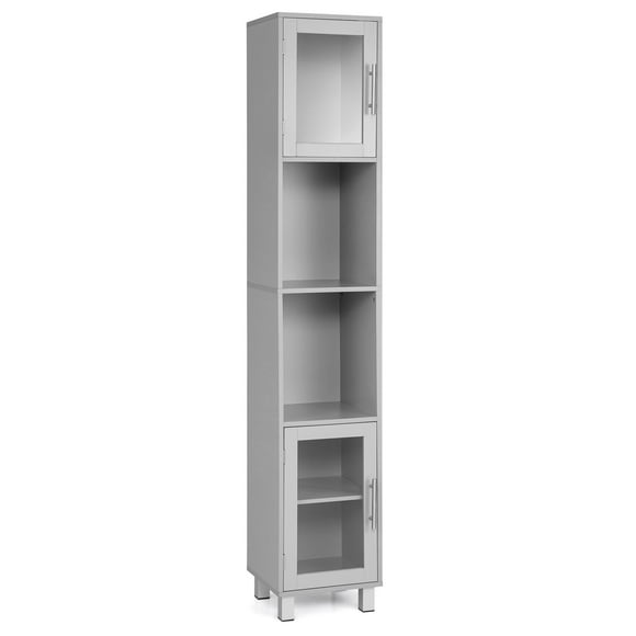 Costway Gabinete de Almacenamiento de Baño Alto, Gabinete de Torre Delgado Independiente con 2 Estantes Abiertos, 1 Estante Ajustable & Puertas de Vidrio Templado,, Gris