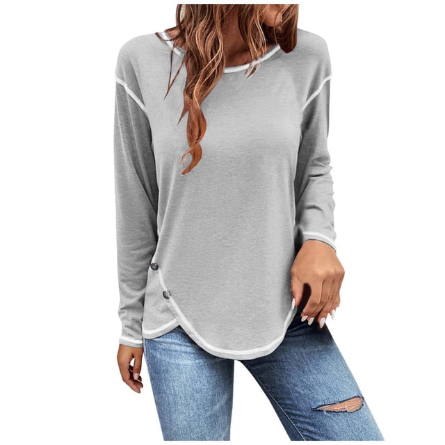 Timegard Hauts Grande Taille pour Femmes Col Rond Manches Longues Bouton Blouse Irrégulière Automne Décontracté Confortable