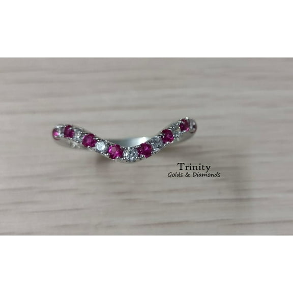 Ruby And Moissanite Wedding anniversary Band Ring, Ruby Curve Band, Moissanite Curve Band Ruby Diamond Delicate Dainty Band , Stacable Band