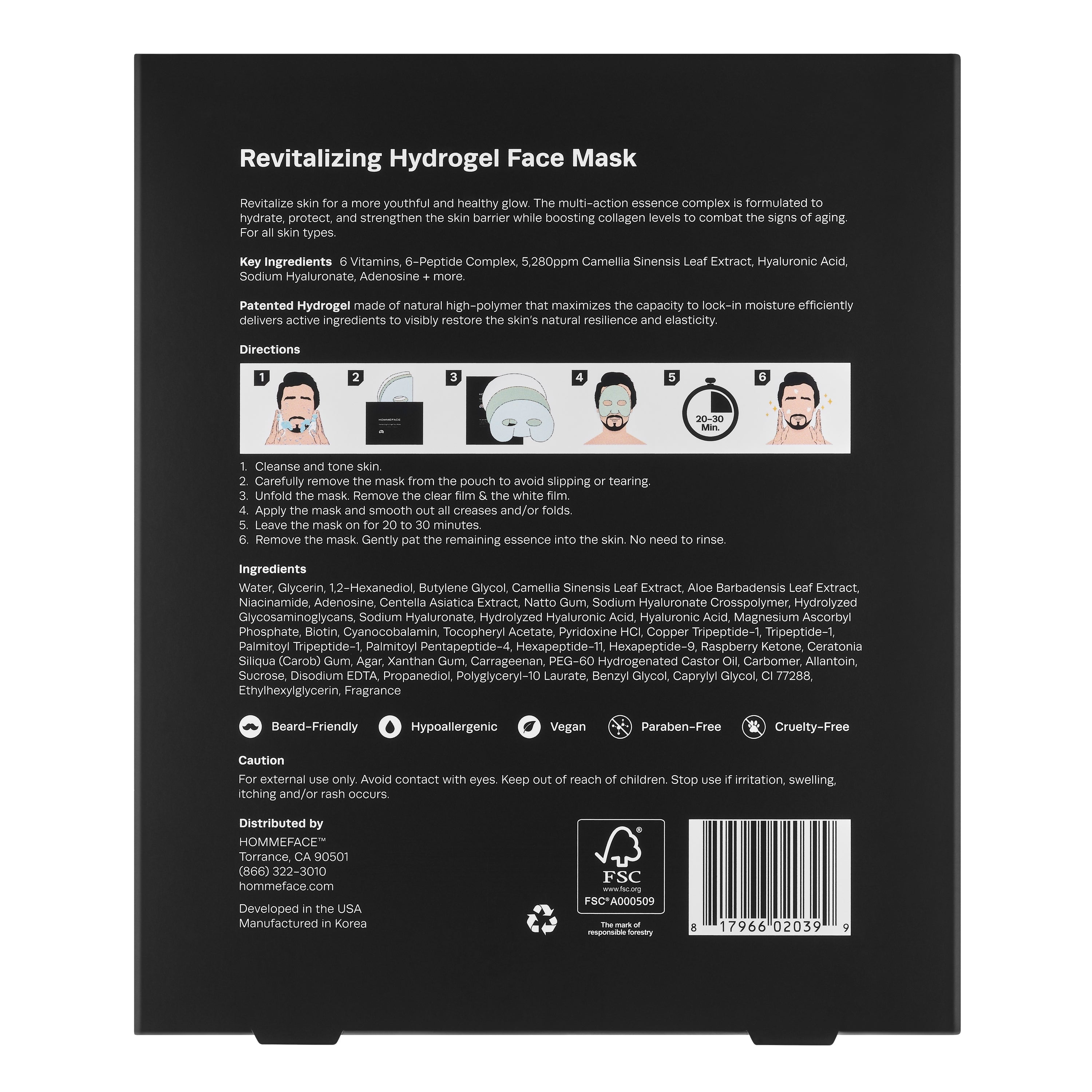 HOMMEFACE Revitalizing Hydrogel Facial Sheet Mask for Men, Hydrating, Anti-Aging, Soothing, with Hyaluronic Acid, Vitamins, Peptides, Beard-Friendly, 5 Count