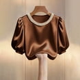 thumbnail image 4 of SYMOID Womens Satin Blouse Brown Fancy Puff Sleeve Top with Faux Pearl Neckline Dressy Evening Party Going Out for Women,Size S, 4 of 5