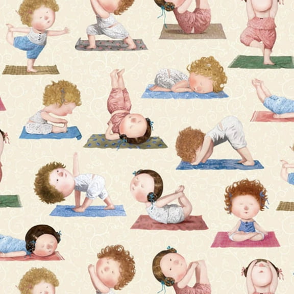 Elizabeth's Studio On a Path to Harmony Yoga Children Cream 100% Cotton Fabric sold by the yard