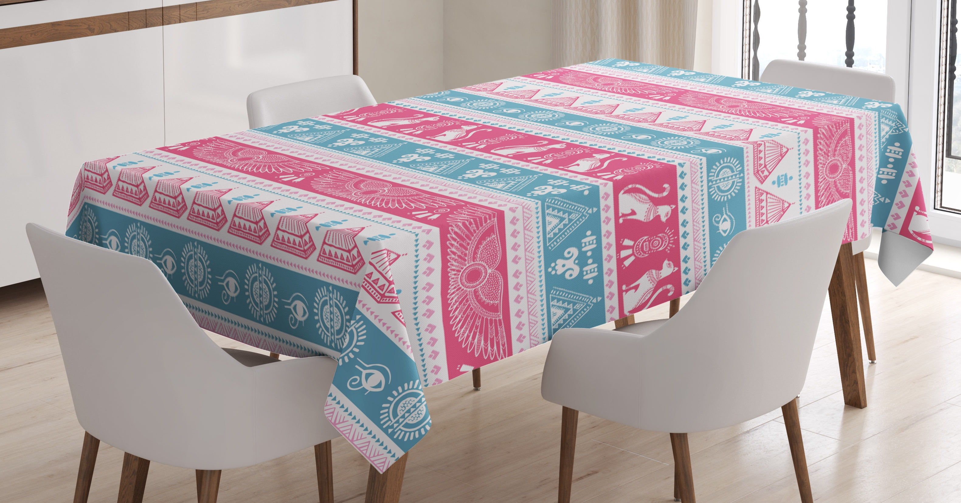 Tribal Tablecloth, Ancient Egyptian Icons Cats Wings Pyramids Triangles