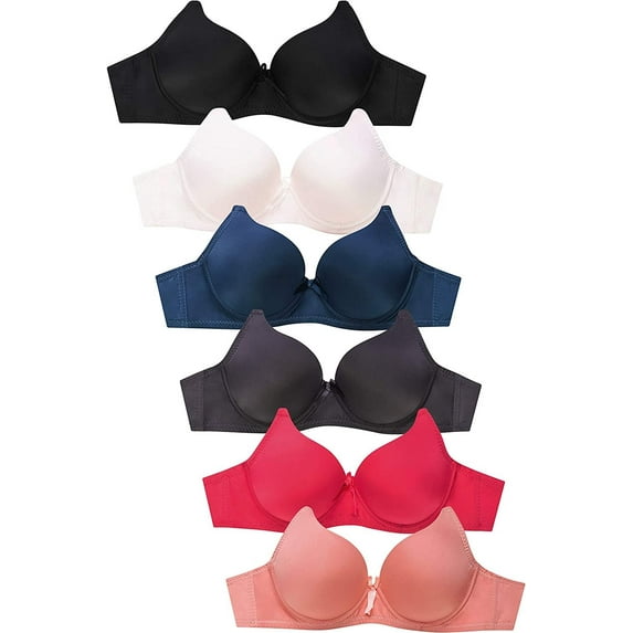 Pack of 6 Pieces Women's Wired Basic Regular Padded Everyday Bras A/B/C/D/DD (34A)