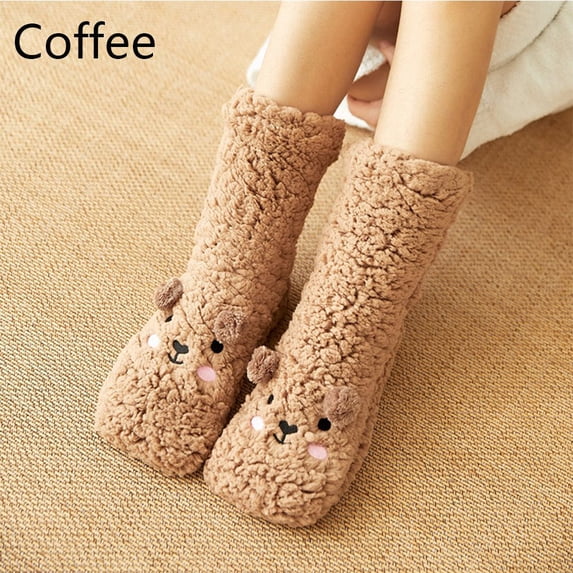 Bedroom Winter Warm Mid-calf Shoes Plush Sock Slippers Non-slip Cartoon Floor Sleep Socks COFFEE