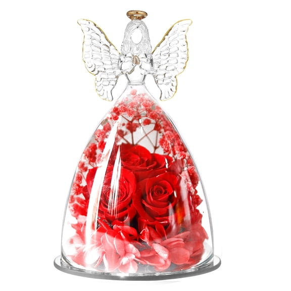 Gifts for Her, Glass Angel Figurine with Three Roses Gifts,Preserved Forever Real Rose Gifts for Women, Angel Guardian with Rose Flower Gift - red
