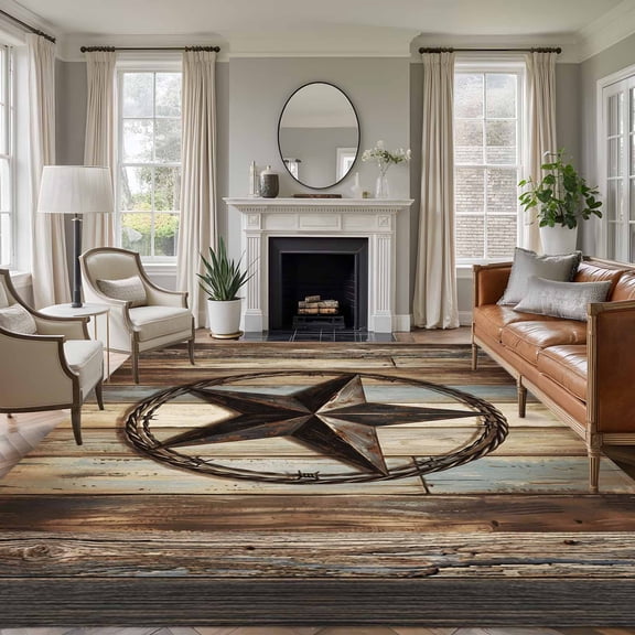 Rectangle Area Rugs 8 x 10 Ft, Western Texas Star Retro Non-Slip Residential Carpet, Rustic Farmhouse Wooden Brown Indoor Crawling Mats Runner Rugs for Living Room/Dining Room/Bedroom
