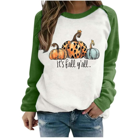 SwiftWear Women's Thanksgiving Pumpkin Print Sweatshirt - Fashion Raglan Long Sleeve Crewneck Top, Halloween Soft It's Fall Y'all Pullover Shirt Green