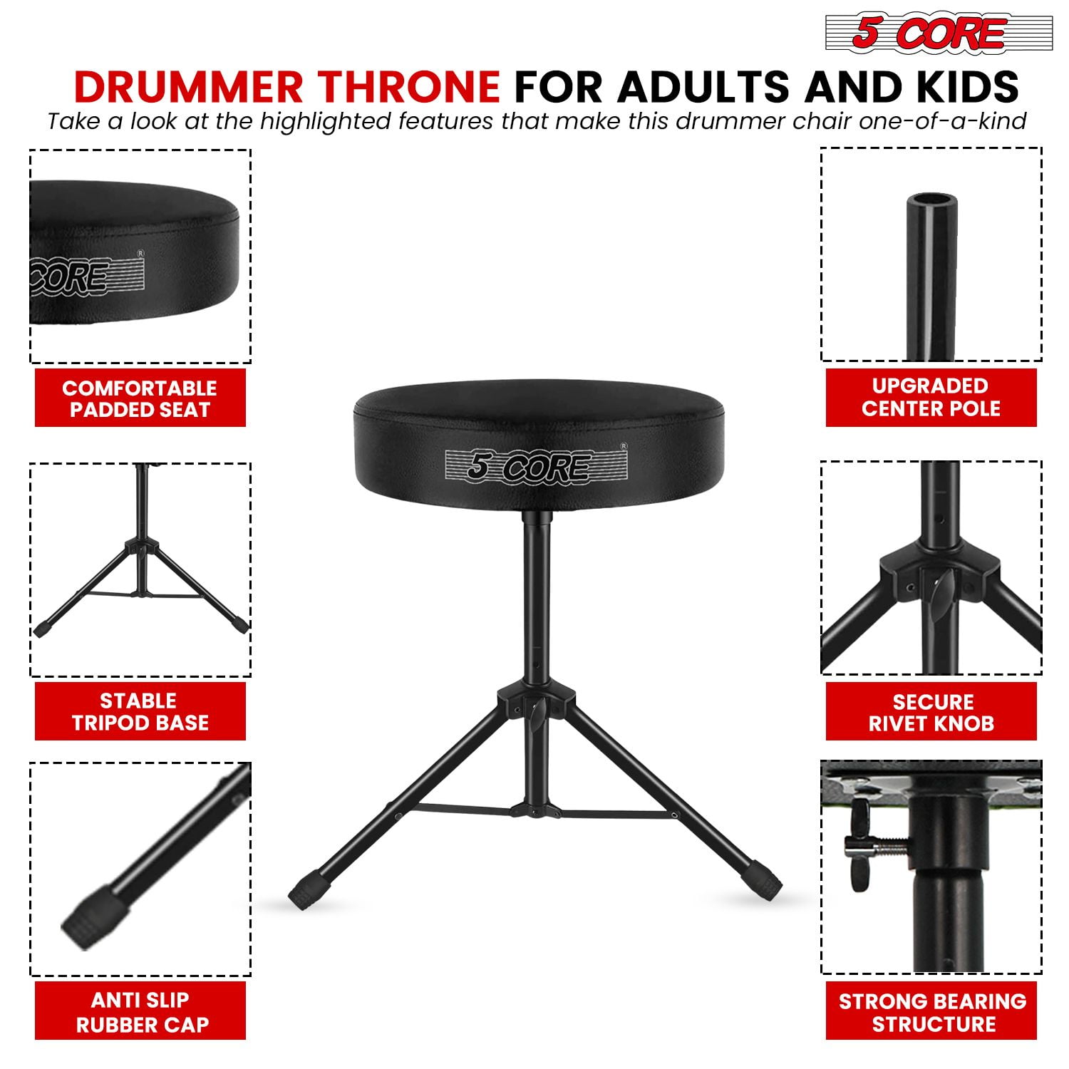 Drum Throne 3" Thick Padded Memory Foam Comfortable Drummer Stool 330Lb Capacity Adjustable