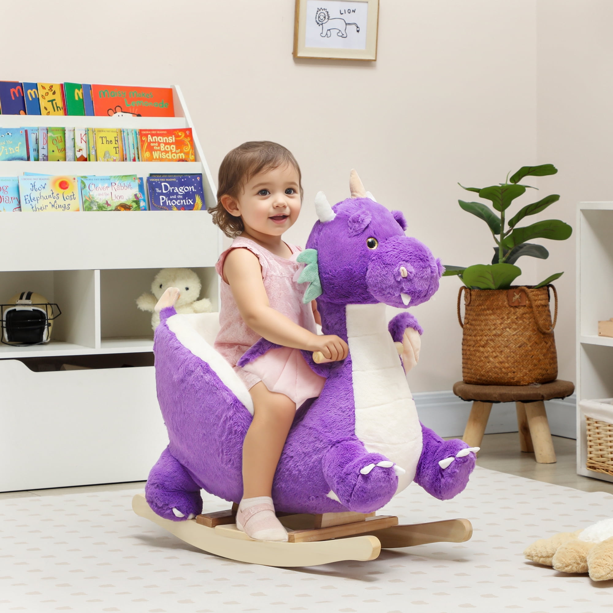 Qaba Baby Rocking Horse, Ride Dragon, Kids Ride On Toy with Realistic Dragon Roar and Safety Belt, Plush Animal Rocker for Kids, Purple