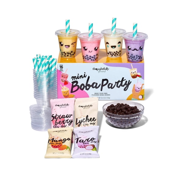 Thoughtfully Gourmet Mini Boba Tea Kit, Boba Pearls Balls and Flavored Drink Mix, Makes 16 Tasting Portions for Parties or Home Use